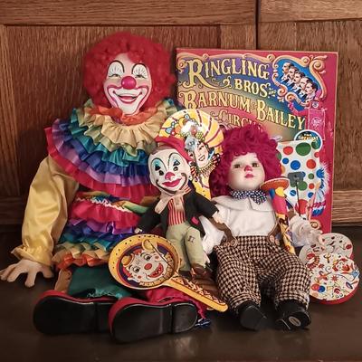 LOT 180: Cardinal Musical Clown Doll, Celluloid and Cloth Clown Doll, Frankel Porcelain Clown & More
