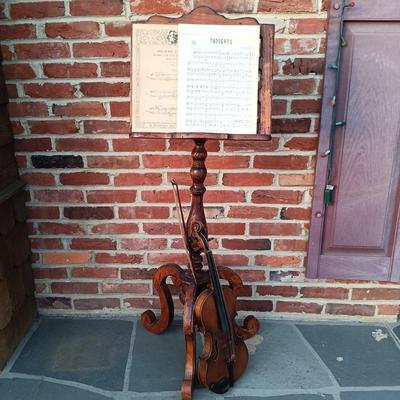LOT 182: Antique Wood Music Stand with Violin & Bow