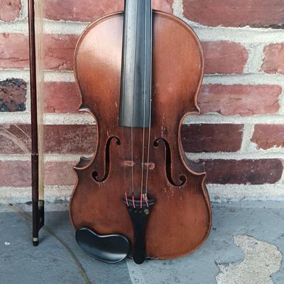 LOT 182: Antique Wood Music Stand with Violin & Bow