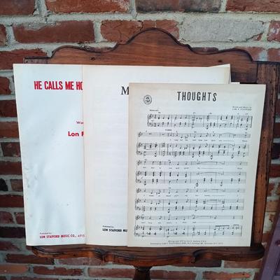 LOT 182: Antique Wood Music Stand with Violin & Bow