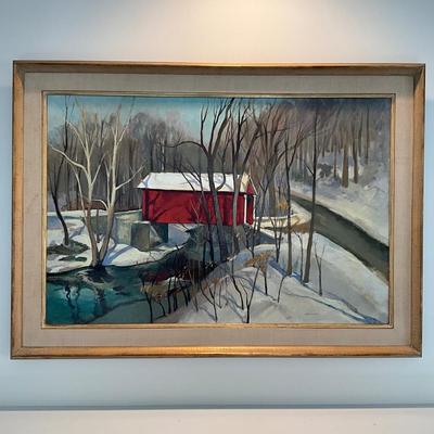 SR1160 Original Oil Painting "Ashland Covered Bridge- Winter by Bayard Berndt (1908-1987)