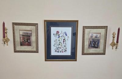 LOT 28L: Vintage Pam's Petals Print, "Vins De Bourgogne" Print, "Livres" Print, & Two Brass Toned Candle...