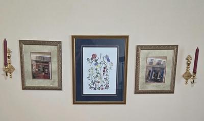 LOT 28L: Vintage Pam's Petals Print, "Vins De Bourgogne" Print, "Livres" Print, & Two Brass Toned Candle...