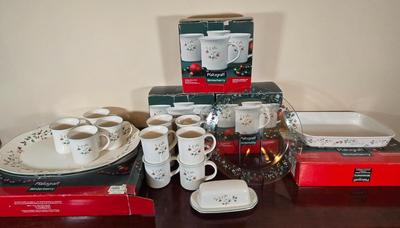 LOT 38D: Pfaltzgraff Winterberry Set of 12 Mugs, Platter, Glass Plate, Butter Dish, & Casserole Pan