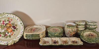 LOT 40L: La Toscana Serving Platter, Incomplete Set for 8 Dinner Plates, Salad Plates, Soup Bowls, Dessert Bowls, Olive Tray, & Canister