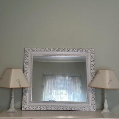 LOT 42A: Wooden Floral Framed Mirror & Two Floral Table Lamps