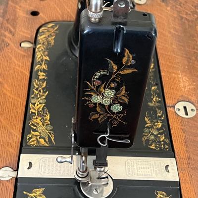 LOT 72F: Antique New Home Sewing Machine w/ Table and Cover