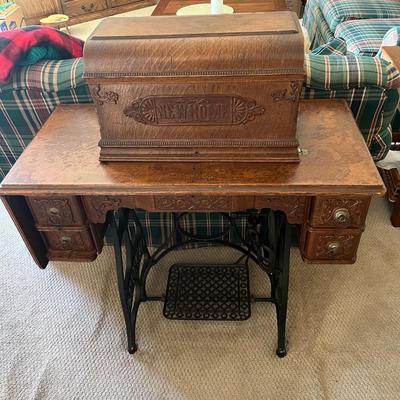 LOT 72F: Antique New Home Sewing Machine w/ Table and Cover
