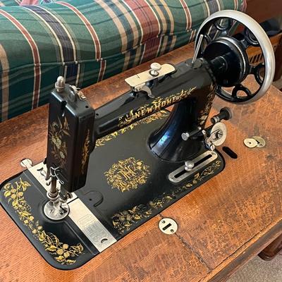 LOT 72F: Antique New Home Sewing Machine w/ Table and Cover