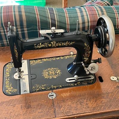 LOT 72F: Antique New Home Sewing Machine w/ Table and Cover