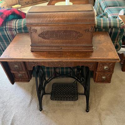 LOT 72F: Antique New Home Sewing Machine w/ Table and Cover