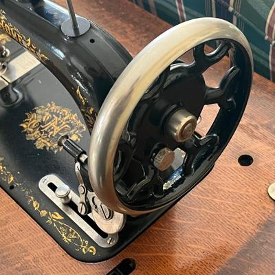 LOT 72F: Antique New Home Sewing Machine w/ Table and Cover