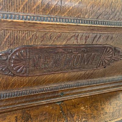LOT 72F: Antique New Home Sewing Machine w/ Table and Cover