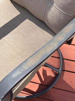 LOT 73P: Patio Table w/ 6 Chairs (2 Swivel), Cushions and Umbrella Stand