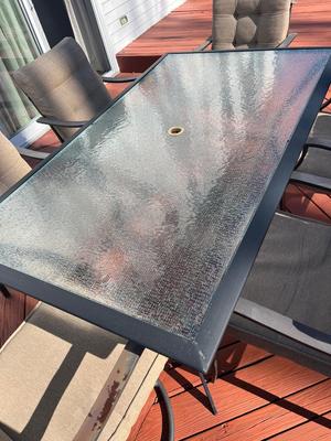 LOT 73P: Patio Table w/ 6 Chairs (2 Swivel), Cushions and Umbrella Stand