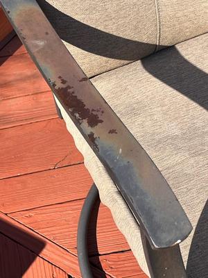 LOT 73P: Patio Table w/ 6 Chairs (2 Swivel), Cushions and Umbrella Stand