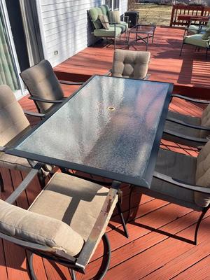LOT 73P: Patio Table w/ 6 Chairs (2 Swivel), Cushions and Umbrella Stand