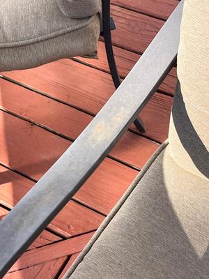 LOT 73P: Patio Table w/ 6 Chairs (2 Swivel), Cushions and Umbrella Stand