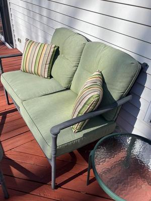 LOT 74P: Patio Furniture - Loveseat, Chairs w/ Cushions, Coffee Table, Accent Tables