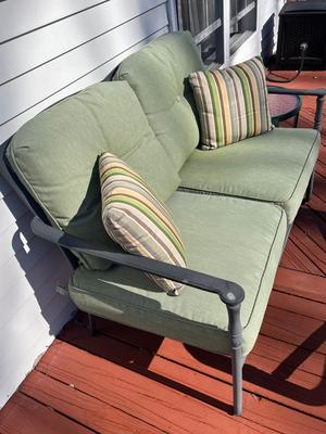 LOT 74P: Patio Furniture - Loveseat, Chairs w/ Cushions, Coffee Table, Accent Tables