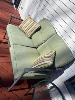 LOT 74P: Patio Furniture - Loveseat, Chairs w/ Cushions, Coffee Table, Accent Tables