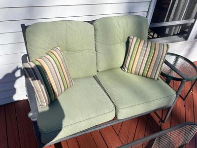 LOT 74P: Patio Furniture - Loveseat, Chairs w/ Cushions, Coffee Table, Accent Tables