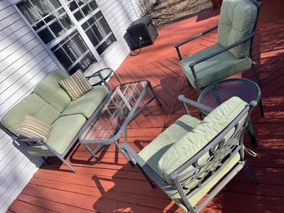 LOT 74P: Patio Furniture - Loveseat, Chairs w/ Cushions, Coffee Table, Accent Tables