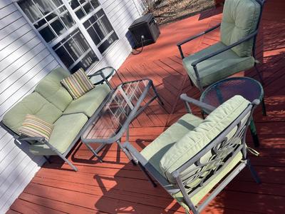 LOT 74P: Patio Furniture - Loveseat, Chairs w/ Cushions, Coffee Table, Accent Tables