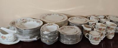 LOT 79: Set of Diplomat by Sango Cortina China Service for 12 Including Cream and Sugar, Gravy Boat, & Serving Platter and Bowl