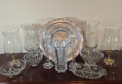 LOT 80L: Hand Wrought Aluminum Platter, Crystal Candy Dishes, Vase , & Candle Stick Holders, & Variety of Hurricane Candle Holders