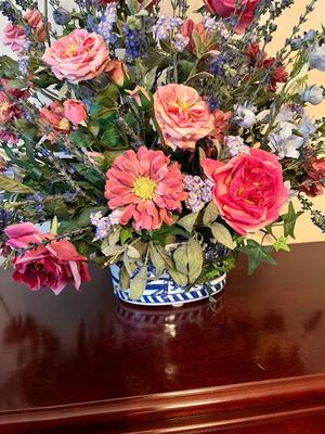 LOT 89D: Blue and White Pattern Vase and 2 Pots with Faux Plants