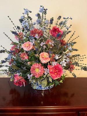 LOT 89D: Blue and White Pattern Vase and 2 Pots with Faux Plants