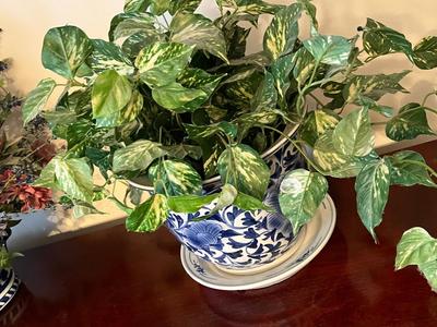 LOT 89D: Blue and White Pattern Vase and 2 Pots with Faux Plants