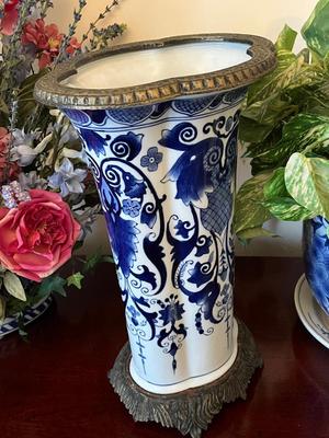 LOT 89D: Blue and White Pattern Vase and 2 Pots with Faux Plants