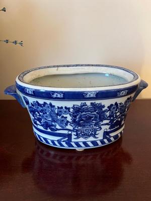 LOT 89D: Blue and White Pattern Vase and 2 Pots with Faux Plants