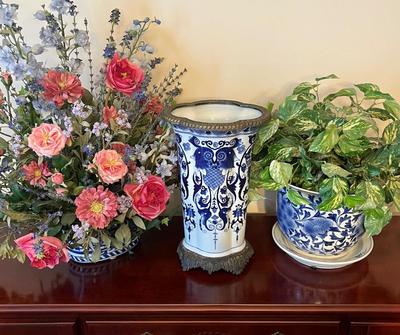 LOT 89D: Blue and White Pattern Vase and 2 Pots with Faux Plants