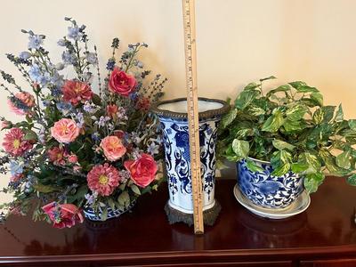 LOT 89D: Blue and White Pattern Vase and 2 Pots with Faux Plants