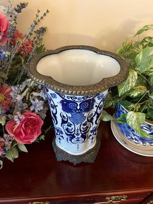 LOT 89D: Blue and White Pattern Vase and 2 Pots with Faux Plants