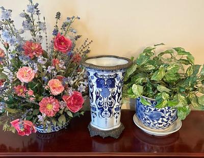LOT 89D: Blue and White Pattern Vase and 2 Pots with Faux Plants