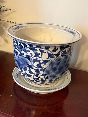 LOT 89D: Blue and White Pattern Vase and 2 Pots with Faux Plants