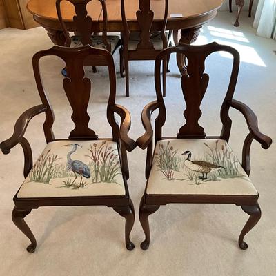 Sale Photo Thumbnail #101: Each chair has a different bird needlepoint seat.  4 dining room chairs and 2 arm chairs
Arm chairs measures 38.75"high x 25.75" wide x 16.5" seat depth x 18" seat height