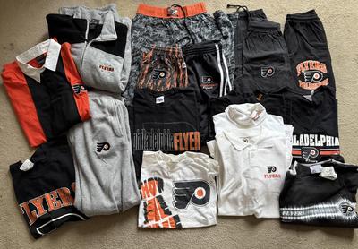 LOT 228L: NHL Philadelphia Flyers Clothing: PJ Pants, Sweat Suit, Polo, Muscle Tees, NWT & More