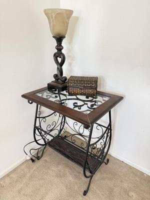 LOT 270L: Glass Top Metal Frame End Table w/ Lamp & Decor Box