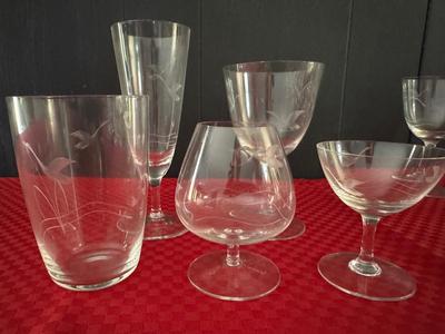 Set of 60 Vintage Etched Glasses - Bird Motif