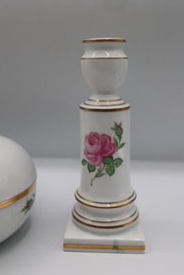 Meissen Porcelain Red Rose Candle Holder, Lidded Box and Teacup & Saucer