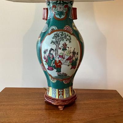 L1187 Oriental Pottery Lamp with Silk Shade