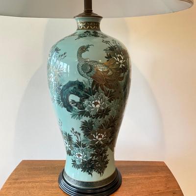 L1188 Large Green Porcelain Chinese Peacock Lamp with Silk Shade