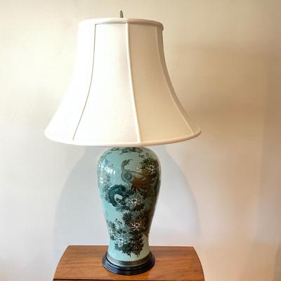 L1188 Large Green Porcelain Chinese Peacock Lamp with Silk Shade