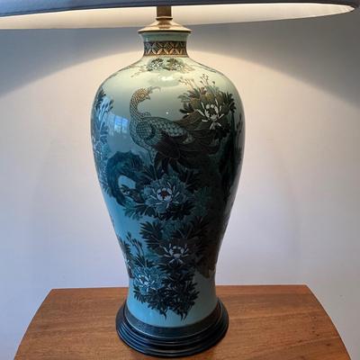 L1188 Large Green Porcelain Chinese Peacock Lamp with Silk Shade