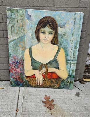 Painting of a young woman signed "Jacqui" 1970